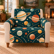 Planet Dot Cascade cover on a beige armchair, AI-generated design preview