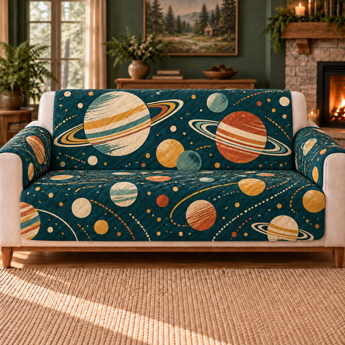 Planet Dot Cascade cover on a beige sofa, AI-generated design preview