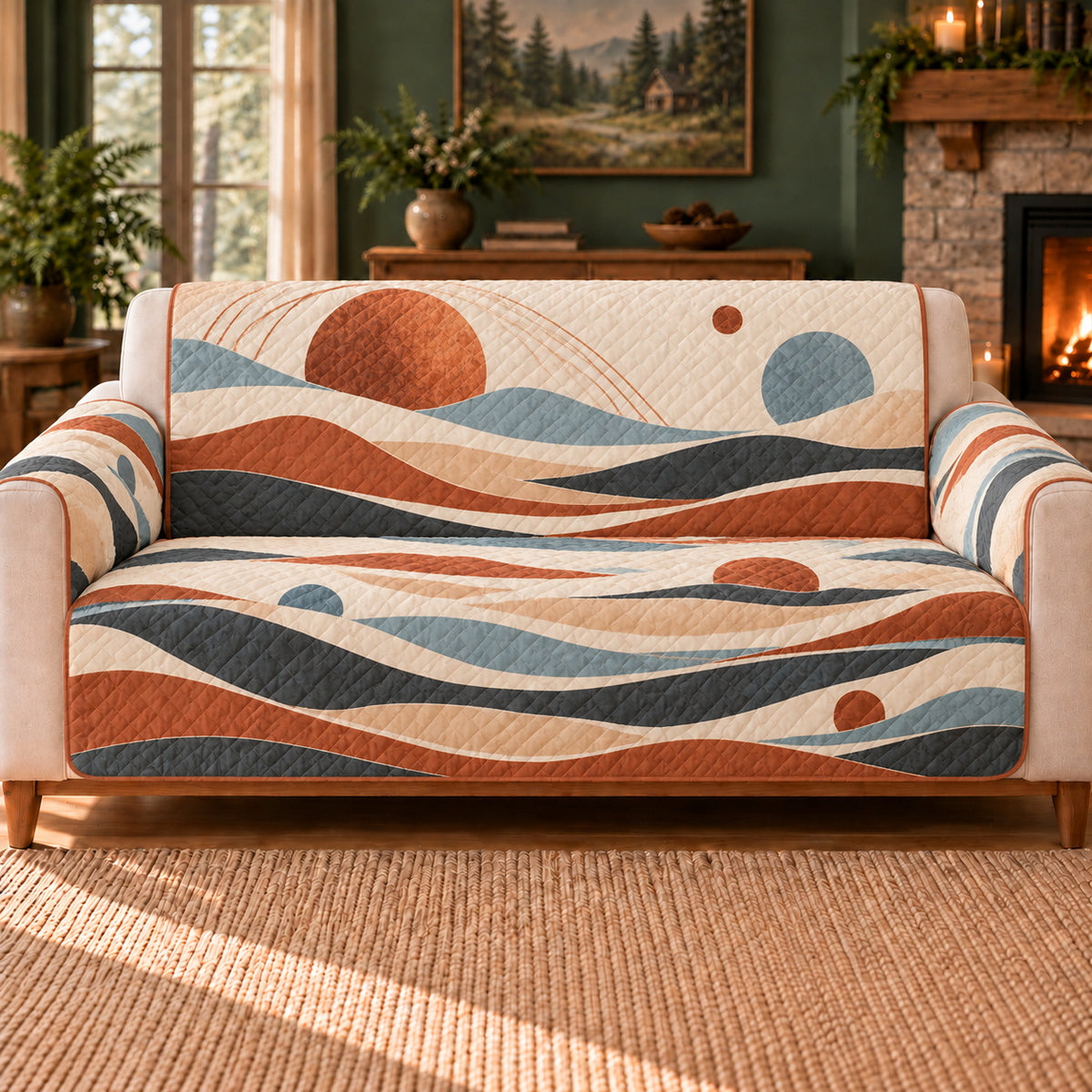 Planet Dune Rhythm sofa cover on a beige sofa