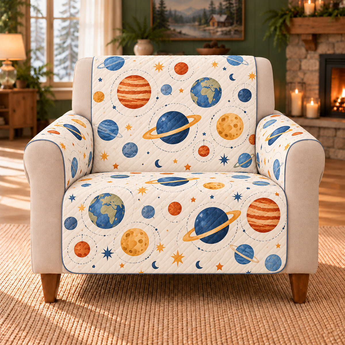 Planet Orbit Repeat sofa cover on a beige armchair
