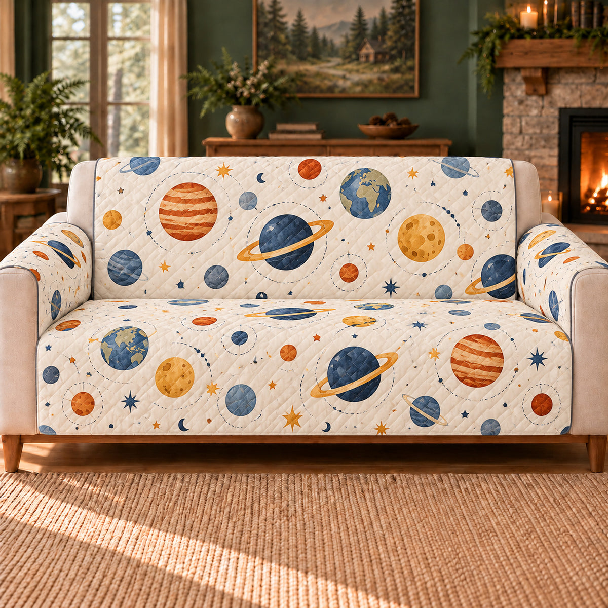 Planet Orbit Repeat sofa cover on a beige sofa