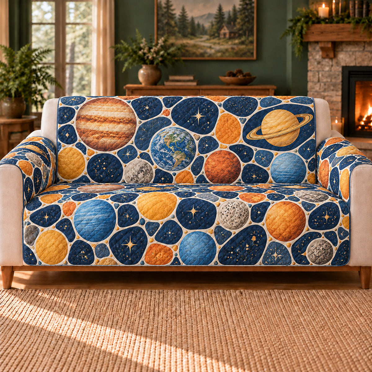 Planet Pebble Mosaic sofa cover on a beige sofa