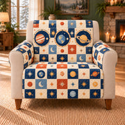Planet Window Checks sofa cover on a beige armchair