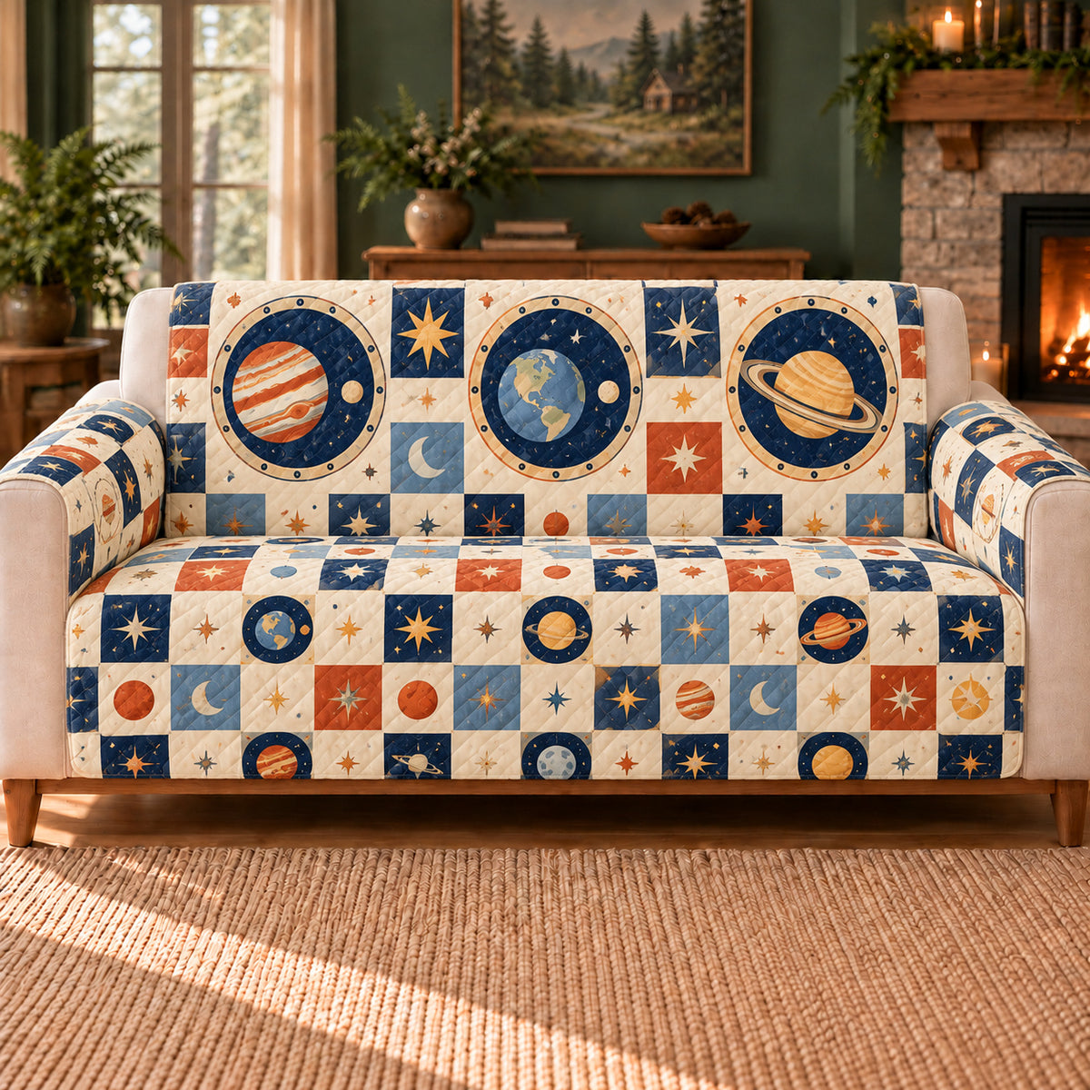 Planet Window Checks sofa cover on a beige sofa