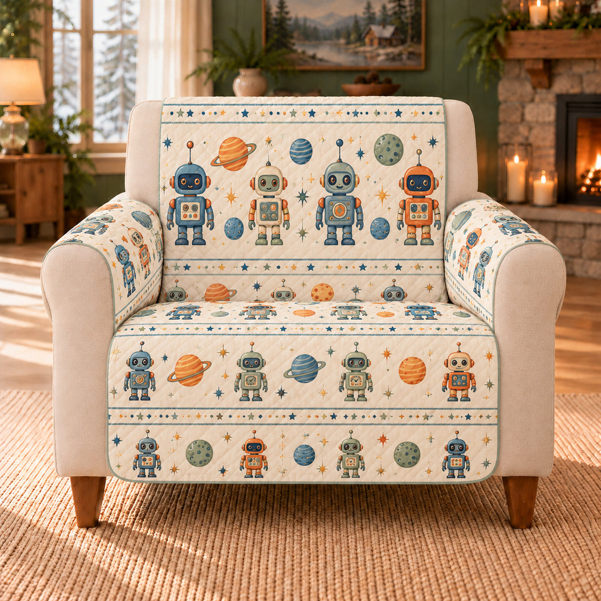Planetarium Robot Rows sofa cover on a beige armchair