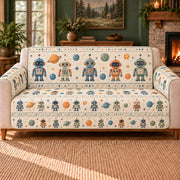 Planetarium Robot Rows sofa cover on a beige sofa