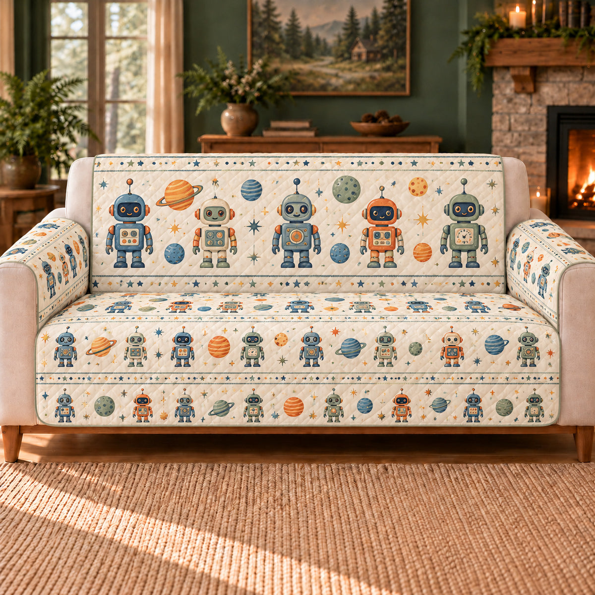 Planetarium Robot Rows sofa cover on a beige sofa