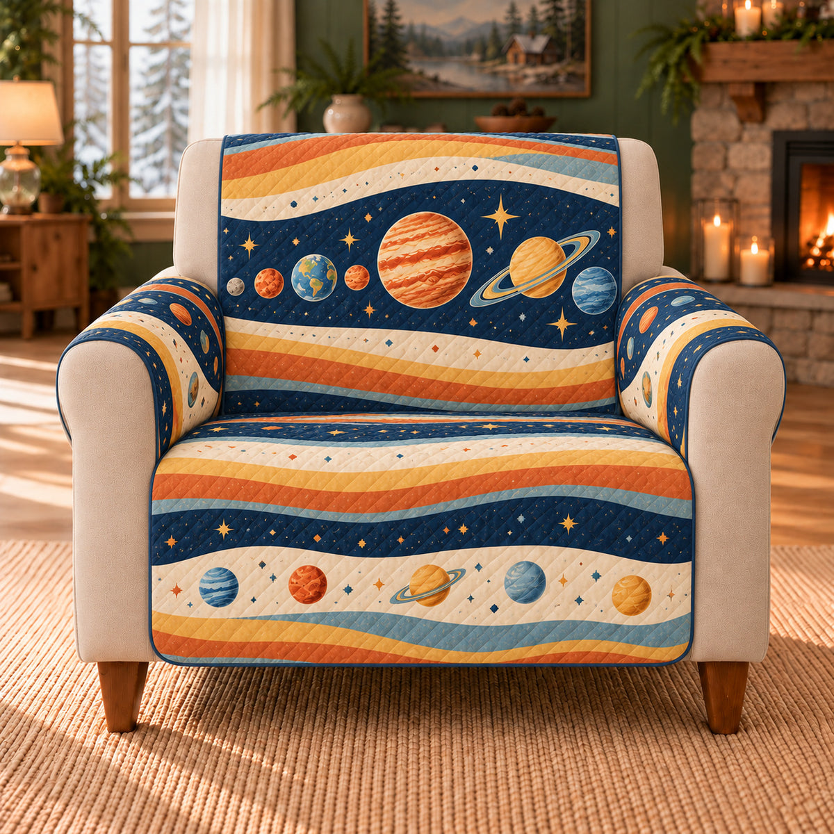 Planetary Strata Bands sofa cover on a beige armchair