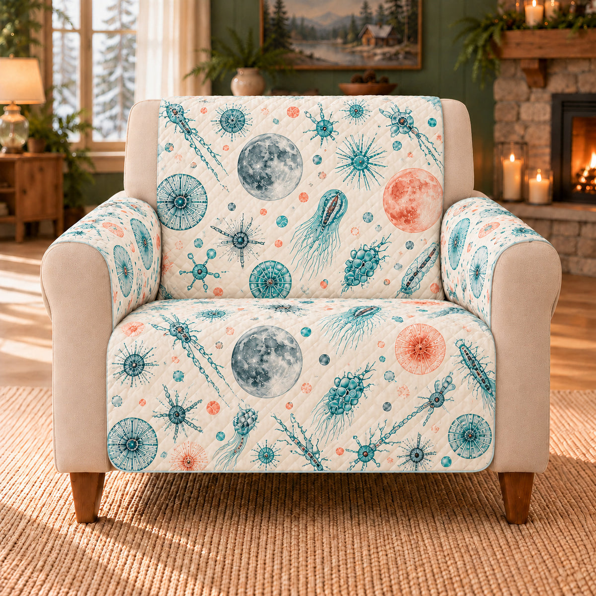 Plankton Moon Dots sofa cover on a beige armchair