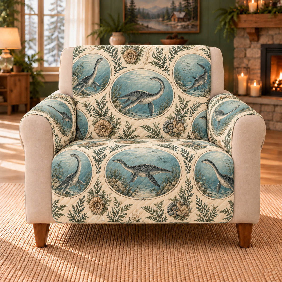 Plesiosaur Lagoon Cameos sofa cover on a beige armchair