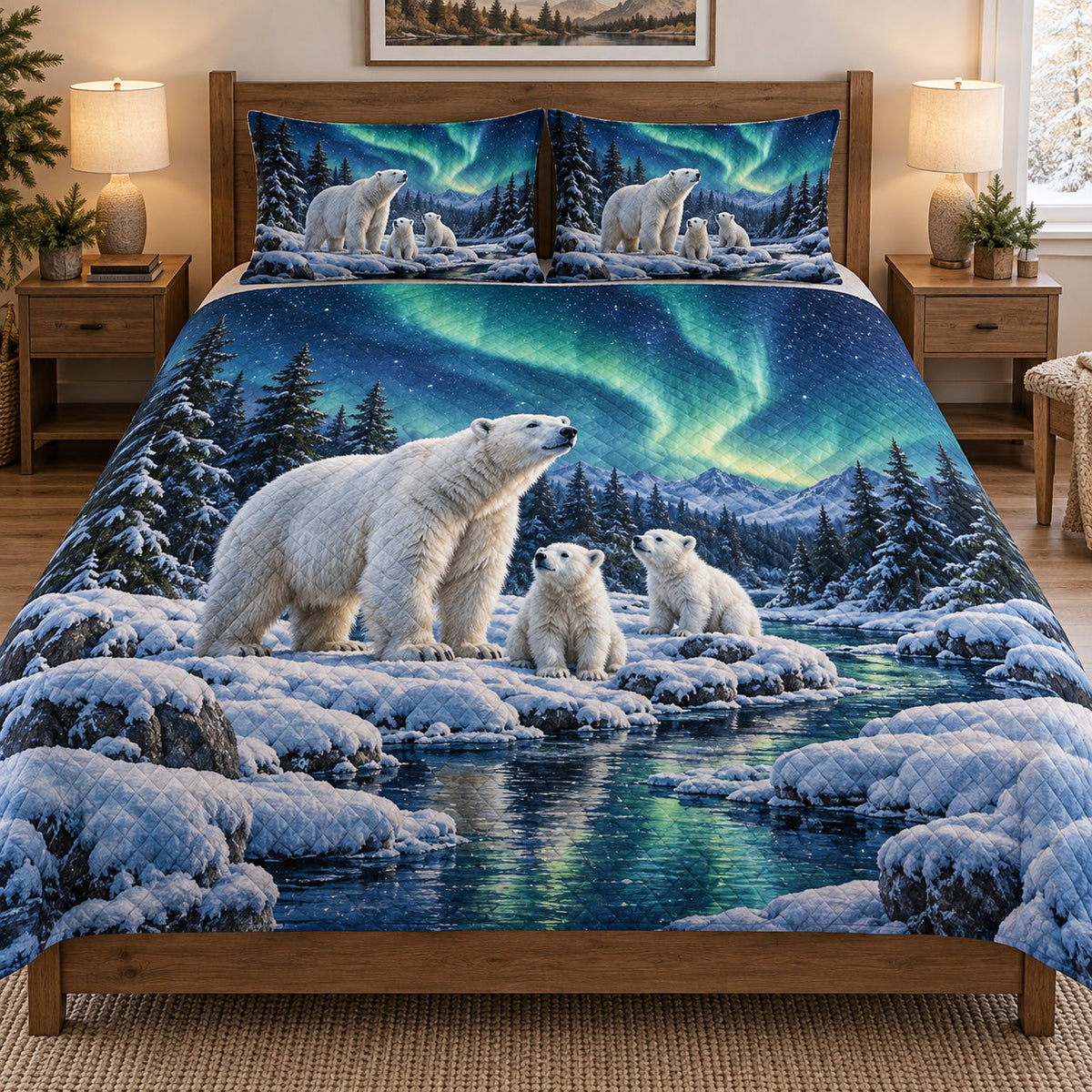 Polar Bear Aurora Winter quilt set displayed on a bed with coordinating pillow shams