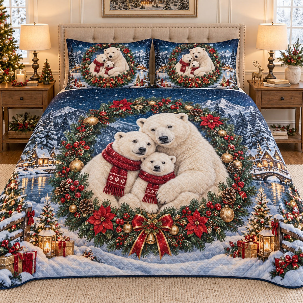 Polar bear family Christmas winter quilt set, view 1, AI-generated product mockup