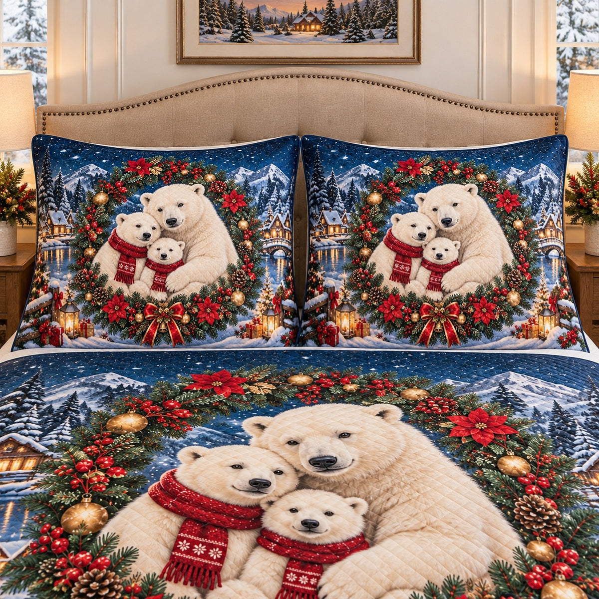 Polar bear family Christmas winter quilt set, view 2, AI-generated product mockup