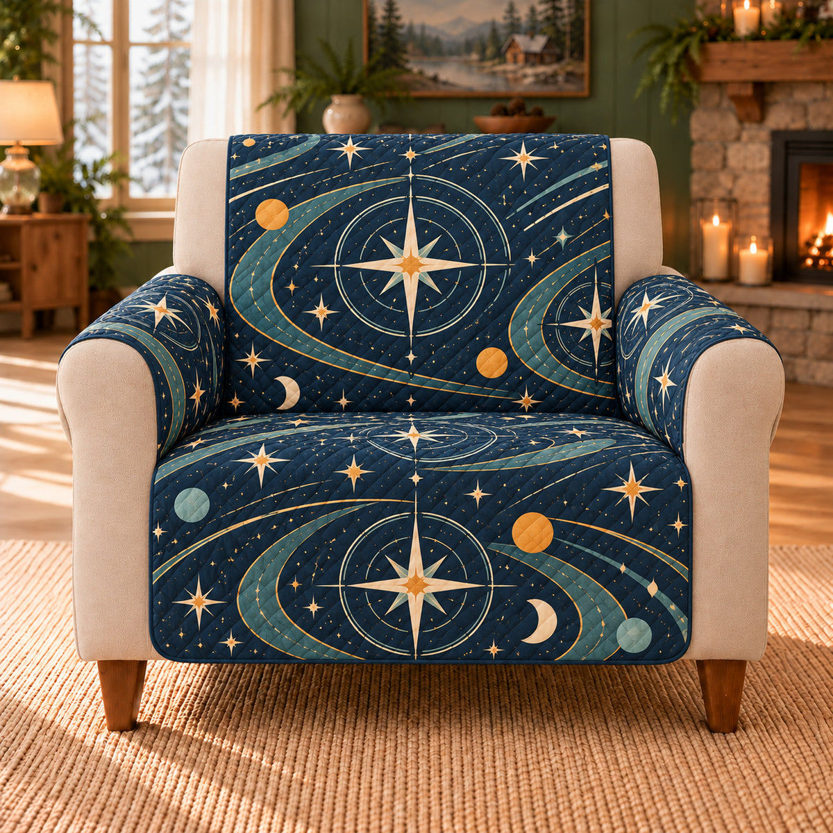 Polaris Orbit Bands sofa cover on a beige armchair