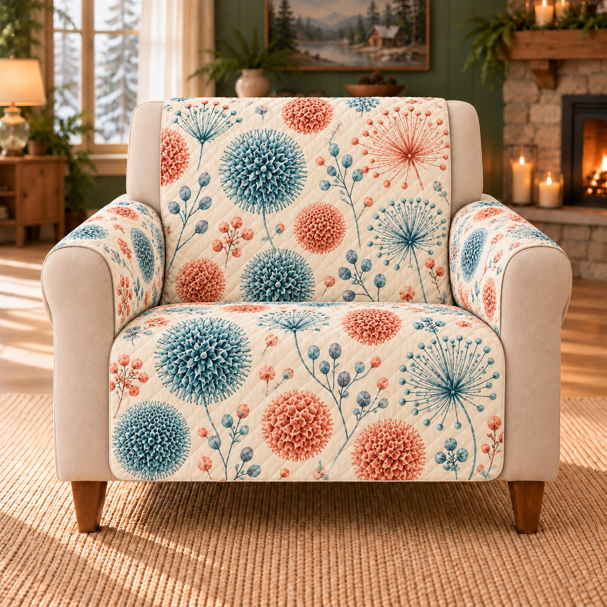 Pollen Shape Scatter sofa cover on a beige armchair