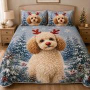 Poodle Christmas quilt design featuring reindeer winter dog with coordinating pillow shams