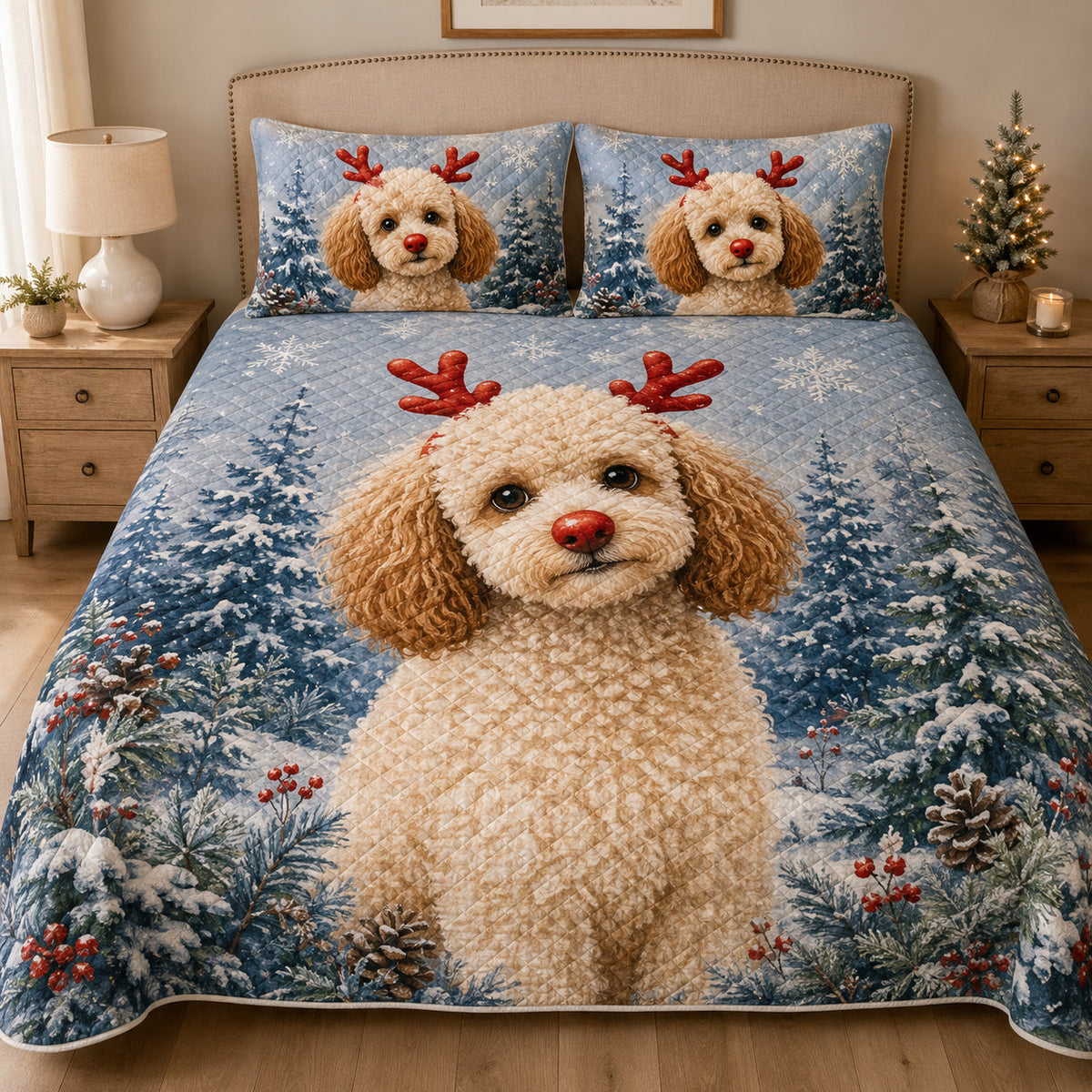 Poodle Christmas quilt design featuring reindeer winter dog with coordinating pillow shams