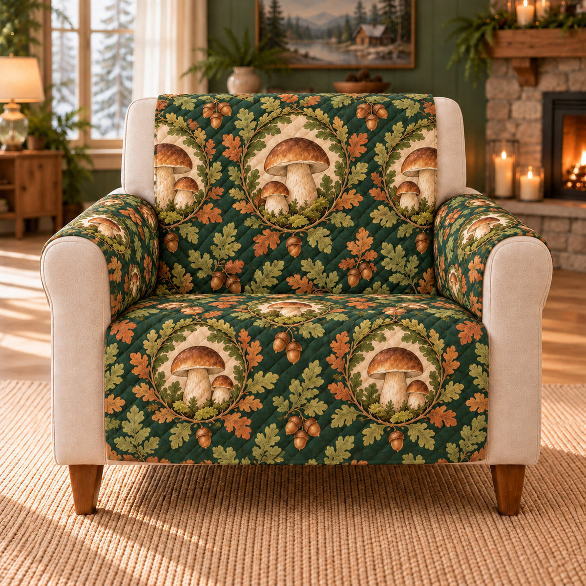 Porcini Leaf Cameos cover on a beige armchair, AI-generated design preview