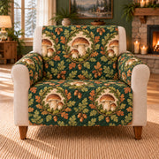 Porcini Leaf Cameos cover on a beige armchair, AI-generated design preview