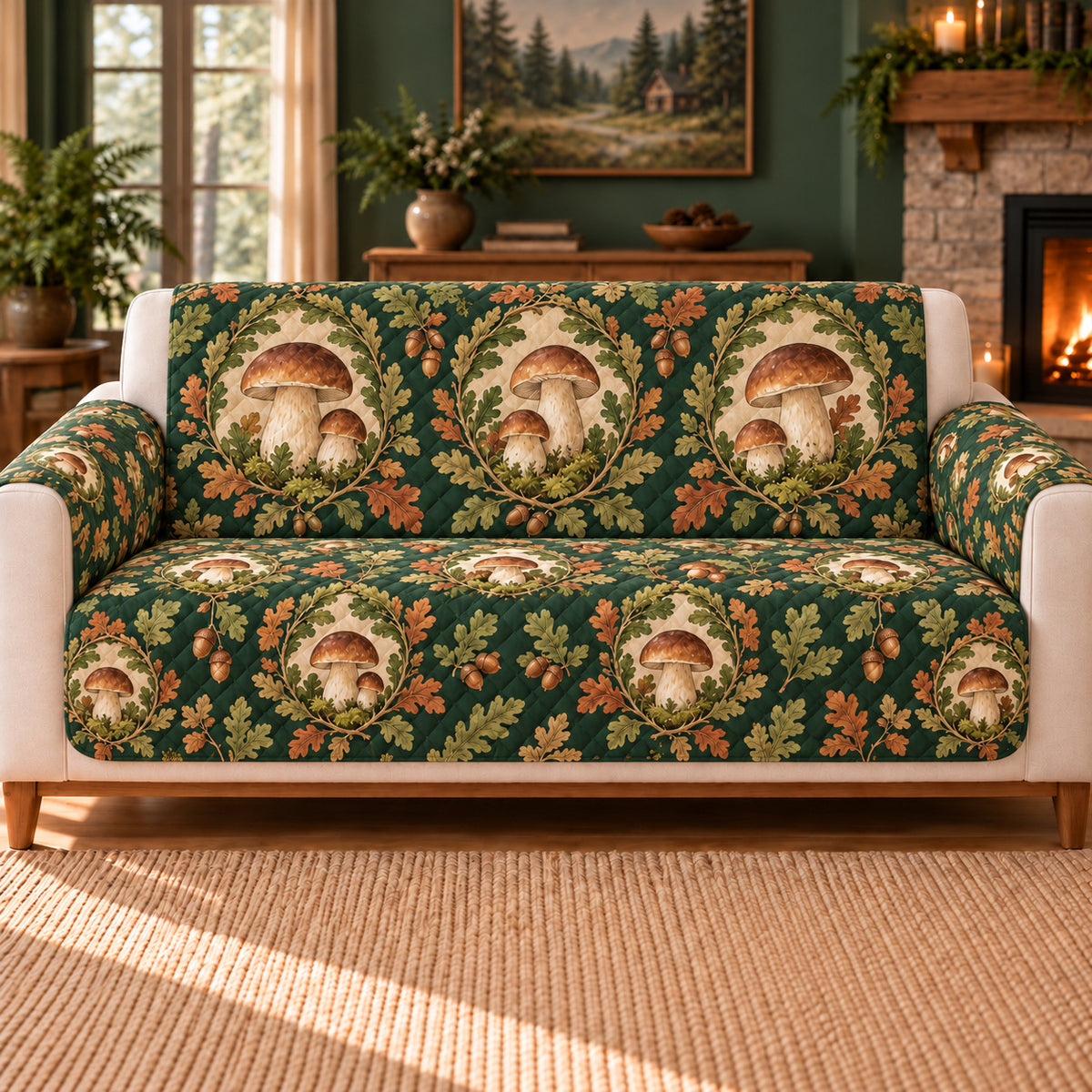 Porcini Leaf Cameos cover on a beige sofa, AI-generated design preview