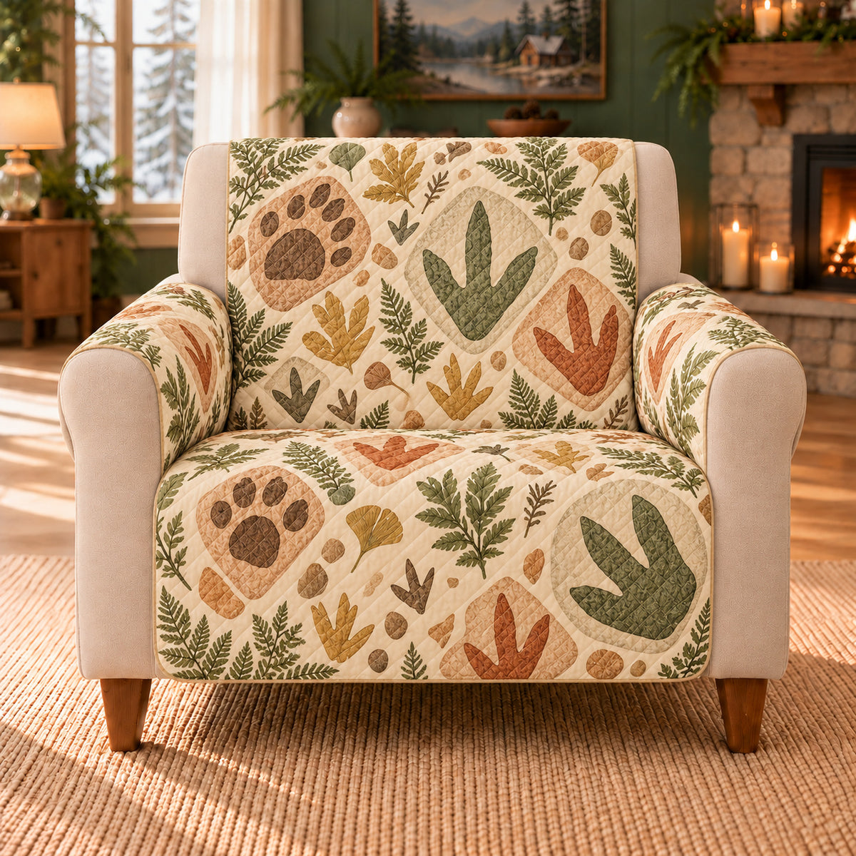 Prehistoric Footprint Mosaic sofa cover on a beige armchair
