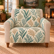 Pressed Seaweed Trellis sofa cover on a beige armchair
