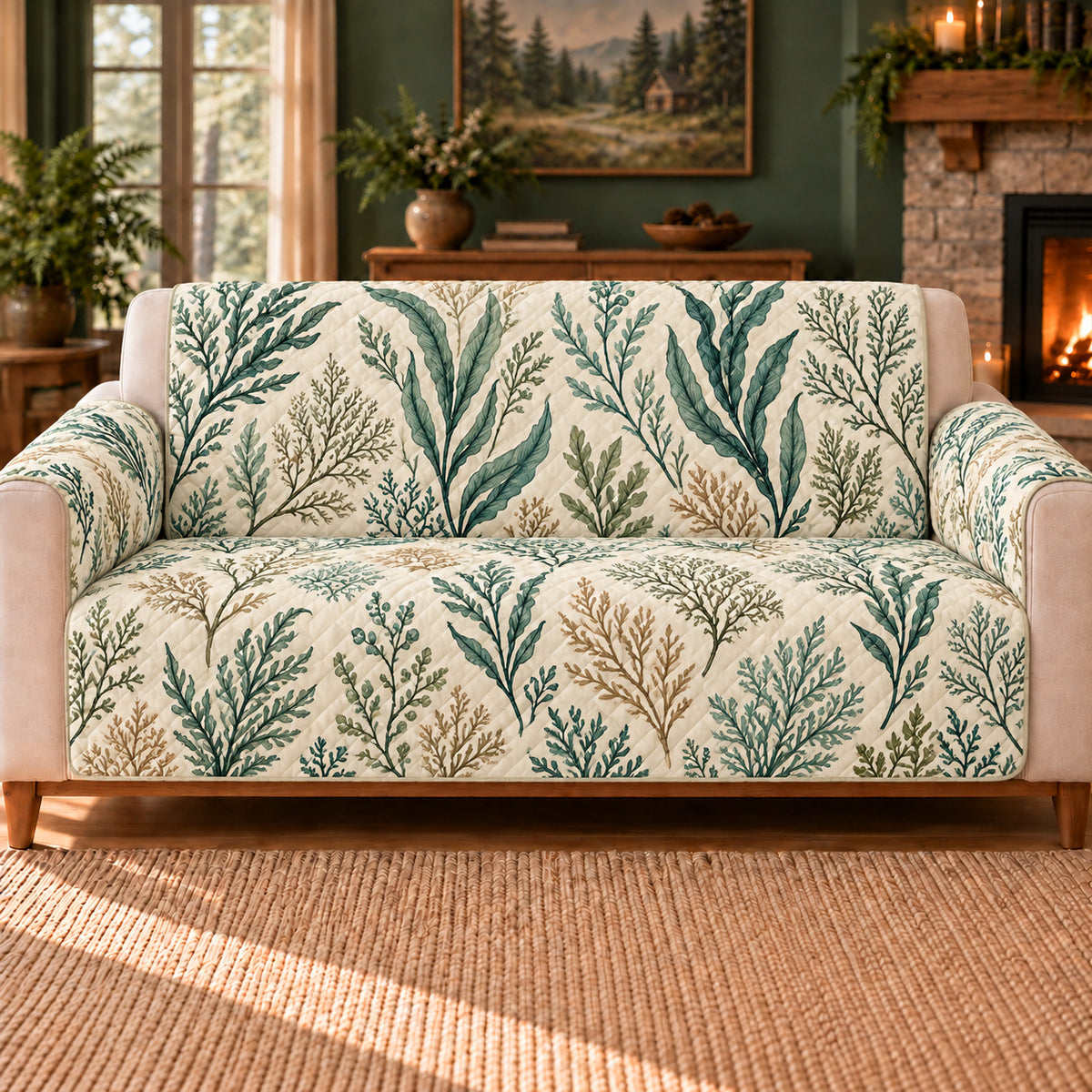Pressed Seaweed Trellis sofa cover on a beige sofa