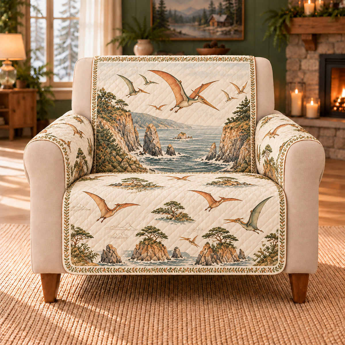 Pterosaur Coastal Frieze sofa cover on a beige armchair