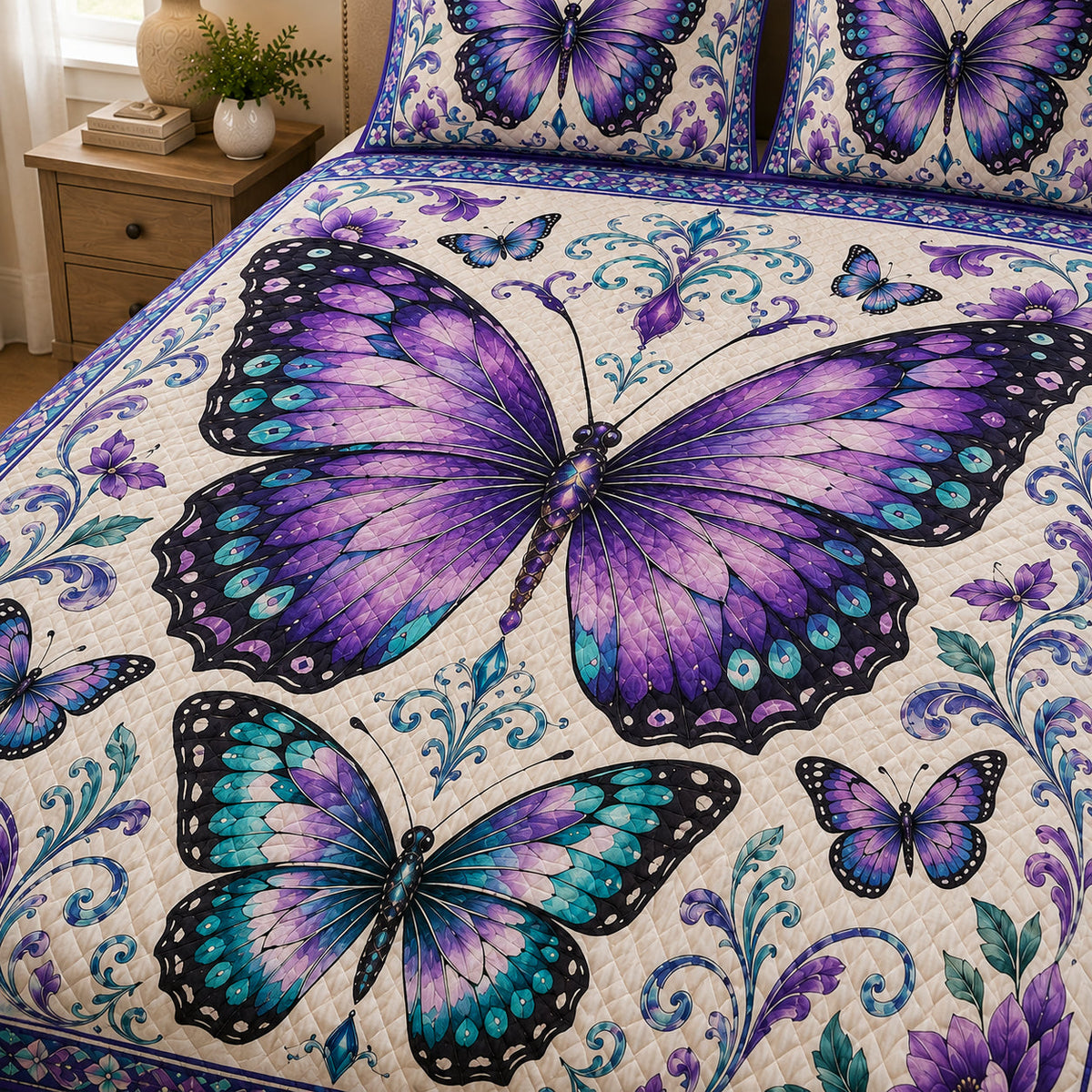 Purple and Teal Butterfly Floral quilt design with coordinating pillow shams