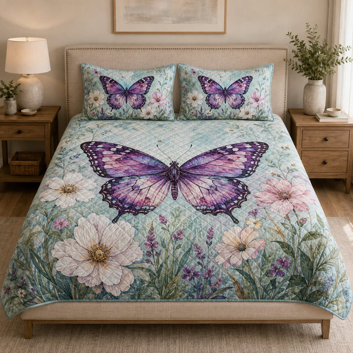 Purple Butterfly Wildflower Meadow quilt design with coordinating pillow shams