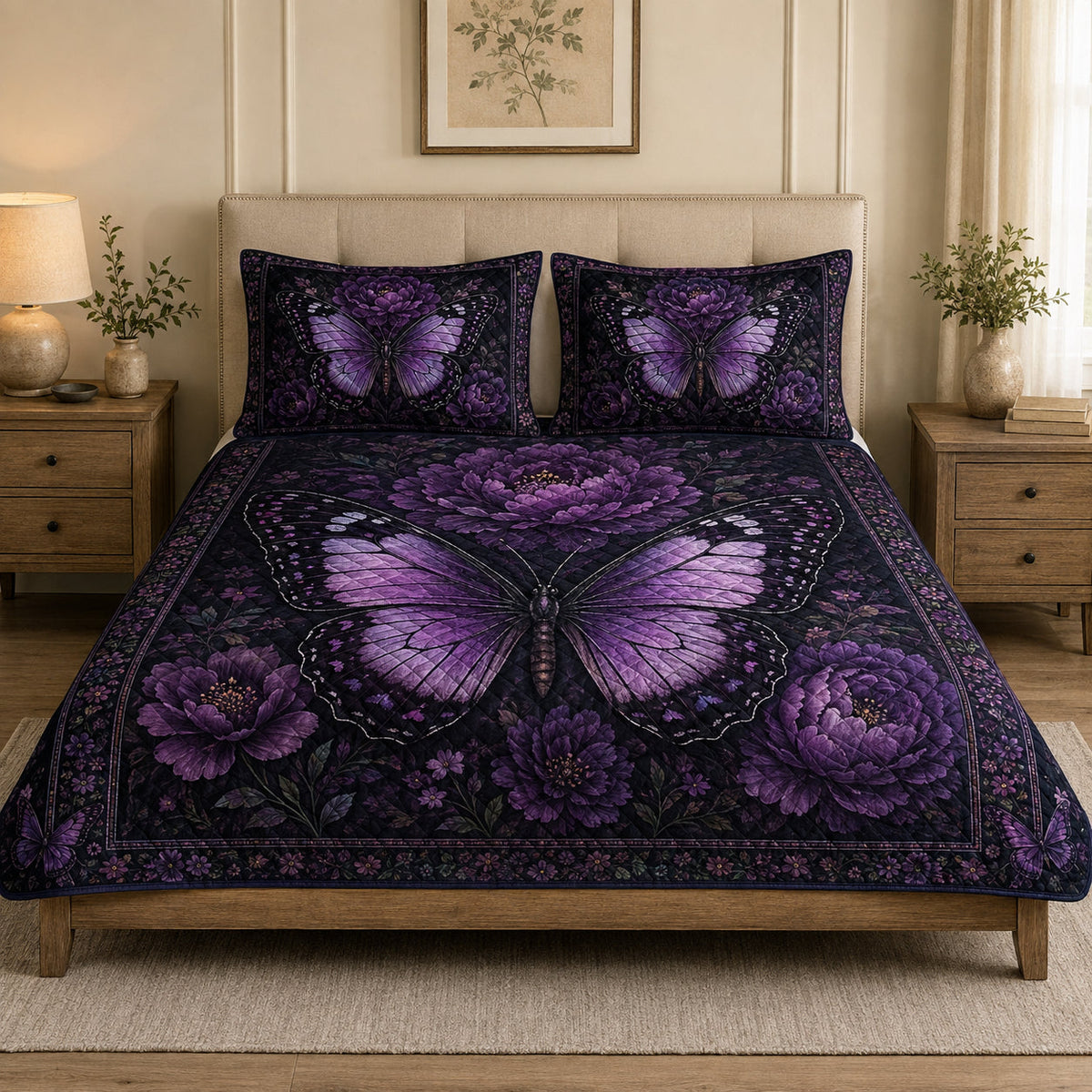 Dark Purple Butterfly Botanical quilt design with coordinating pillow shams