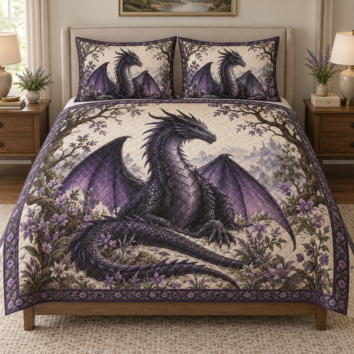 Purple Dragon Floral Fantasy Quilt Set: bedroom mockup showing the quilt design and coordinating pillow shams