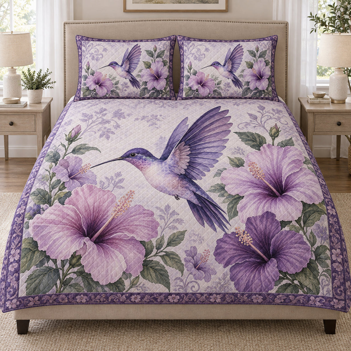 Purple Hummingbird Hibiscus quilt design with coordinating pillow shams