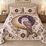 Purple owl crescent moon floral quilt set, view 1, AI-generated product mockup
