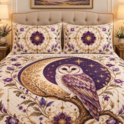 Purple owl crescent moon floral quilt set, view 2, AI-generated product mockup