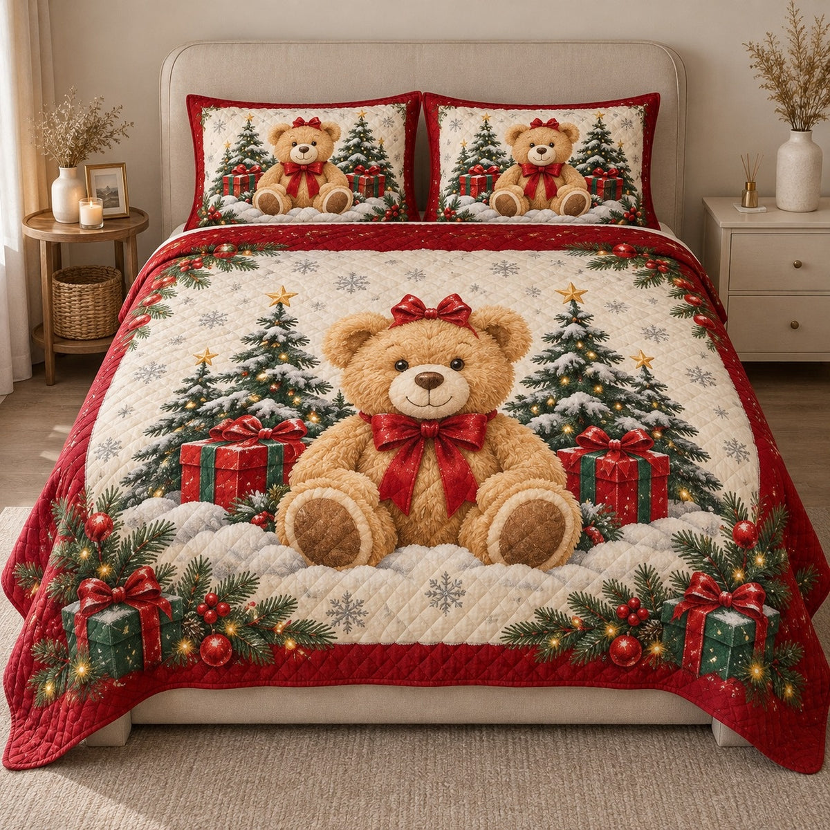 AI mockup, front view of a golden teddy bear with a red bow, Christmas trees and wrapped gifts on cream with a red border, quilt and two matching printed pillowcases in a neutral bedroom.