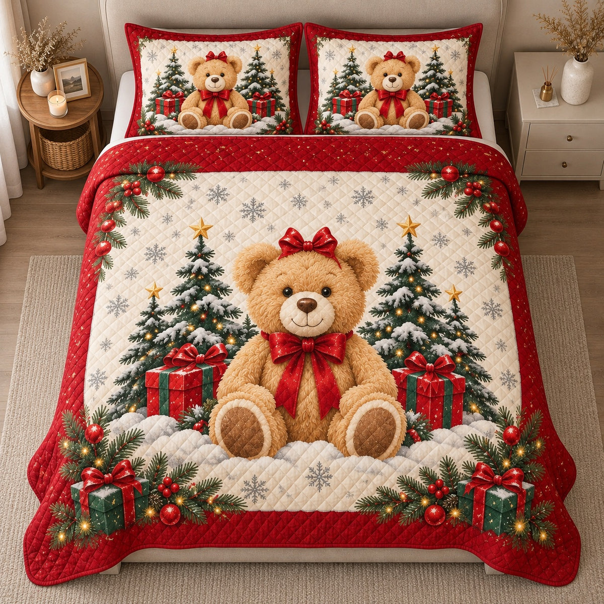 AI mockup, high centered overhead view of a golden teddy bear with a red bow, Christmas trees and wrapped gifts on cream with a red border, quilt and two matching printed pillowcases in a neutral bedroom.