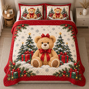 AI mockup, high centered overhead view of a golden teddy bear with a red bow, Christmas trees and wrapped gifts on cream with a red border, quilt and two matching printed pillowcases in a neutral bedroom.