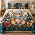 Winter Teddy Bear Quilt Set, Blue Knit Scarf and Golden Ornaments, Gift for Teddy Bear Lovers