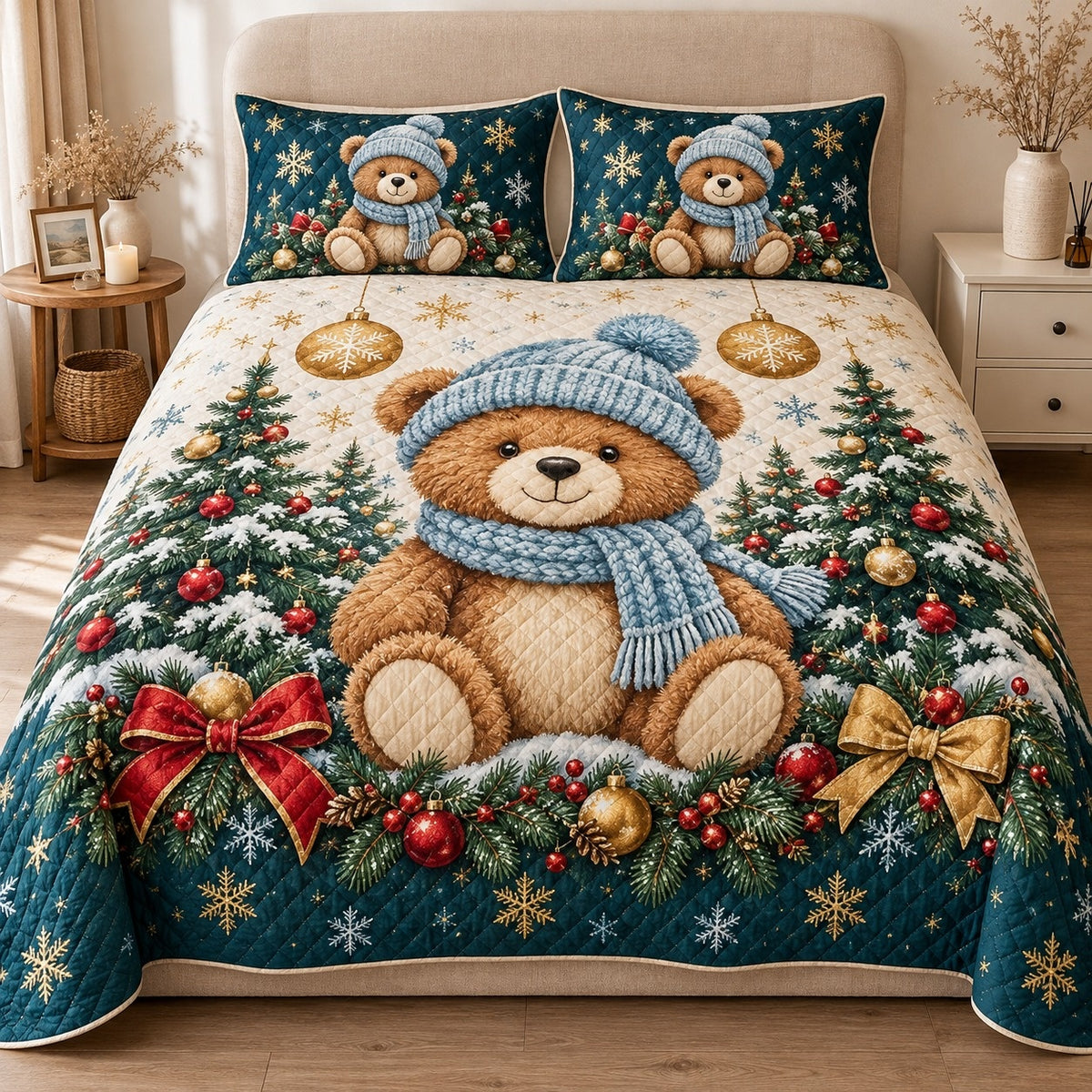 AI mockup, front view of a teddy bear wearing a blue knit hat and scarf among Christmas trees, golden ornaments and navy accents, quilt and two matching printed pillowcases in a neutral bedroom.