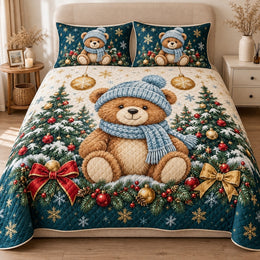 Winter Teddy Bear Quilt Set, Blue Knit Scarf and Golden Ornaments, Gift for Teddy Bear Lovers