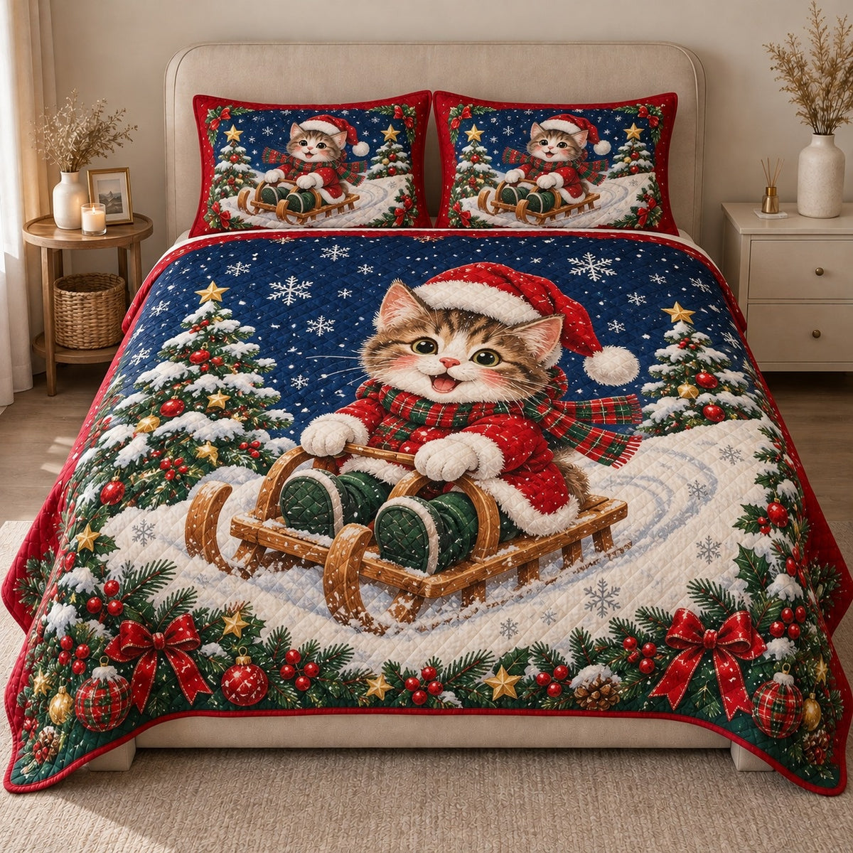 AI mockup, front view of a kitten in a Santa hat riding a wooden sled between snowy Christmas trees, with a navy sky and red border, quilt and two matching printed pillowcases in a neutral bedroom.