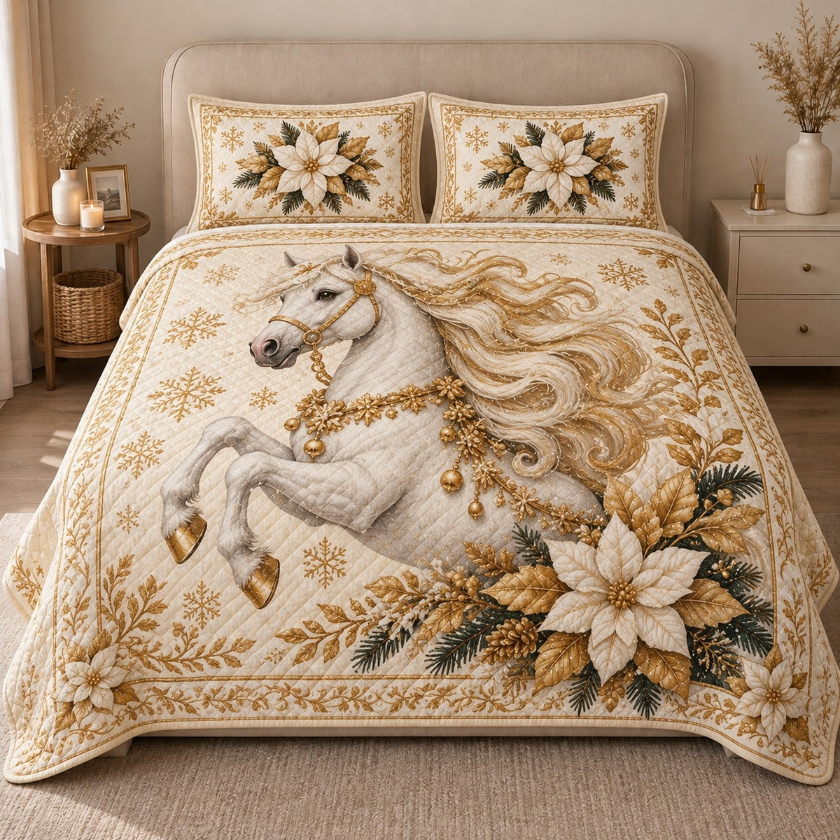 AI mockup, front view of a rearing white horse with a flowing golden mane, white poinsettias and gold snowflakes on ivory, quilt and two matching printed pillowcases in a neutral bedroom.