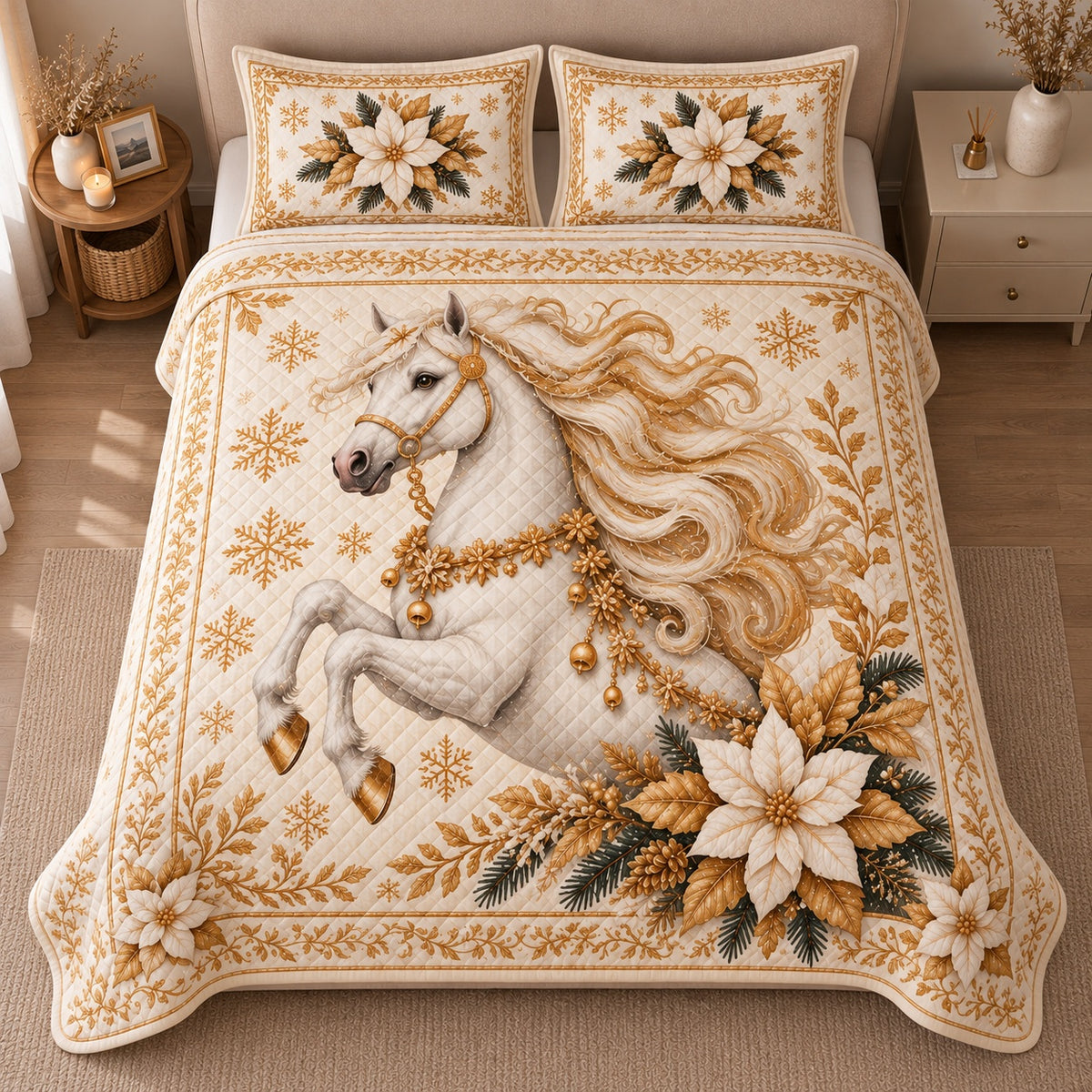 AI mockup, high centered overhead view of a rearing white horse with a flowing golden mane, white poinsettias and gold snowflakes on ivory, quilt and two matching printed pillowcases in a neutral bedroom.