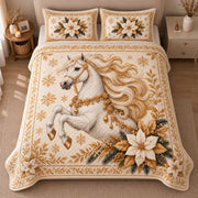 AI mockup, high centered overhead view of a rearing white horse with a flowing golden mane, white poinsettias and gold snowflakes on ivory, quilt and two matching printed pillowcases in a neutral bedroom.