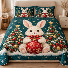 Christmas Bunny Quilt Set, Red Ornament and Evergreen Trees, Gift for Bunny Lovers