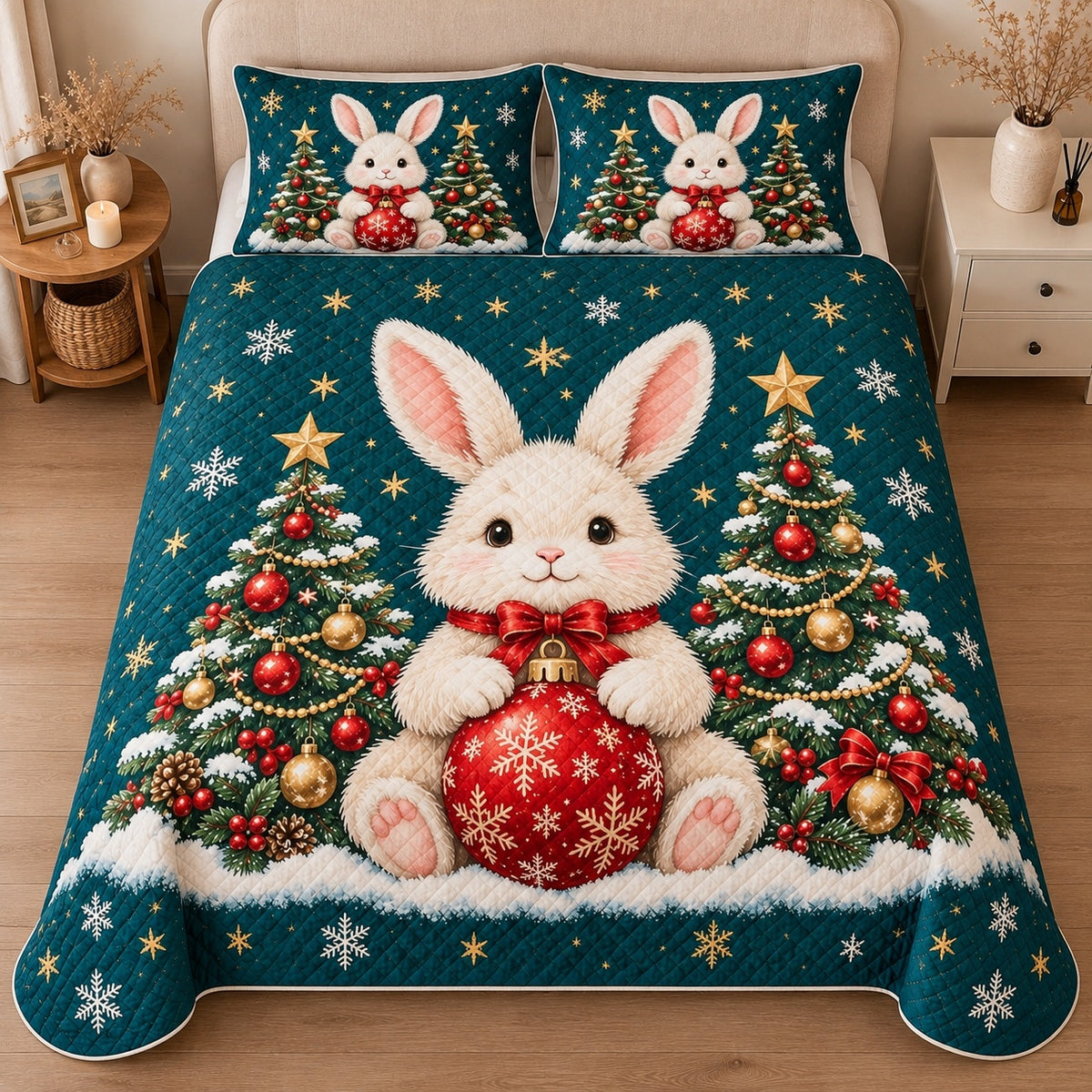 AI mockup, high centered overhead view of a white bunny holding a red ornament between decorated Christmas trees on deep teal, quilt and two matching printed pillowcases in a neutral bedroom.