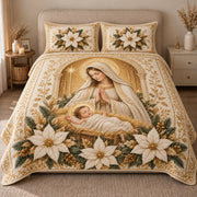 AI mockup, front view of Mother Mary holding baby Jesus amid white poinsettias, evergreen branches and warm golden arches, quilt and two matching printed pillowcases in a neutral bedroom.