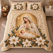 AI mockup, high centered overhead view of Mother Mary holding baby Jesus amid white poinsettias, evergreen branches and warm golden arches, quilt and two matching printed pillowcases in a neutral bedroom.