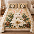 Winter Bunny Quilt Set, Ivory Poinsettia and Golden Snowflakes, Gift for Bunny Lovers